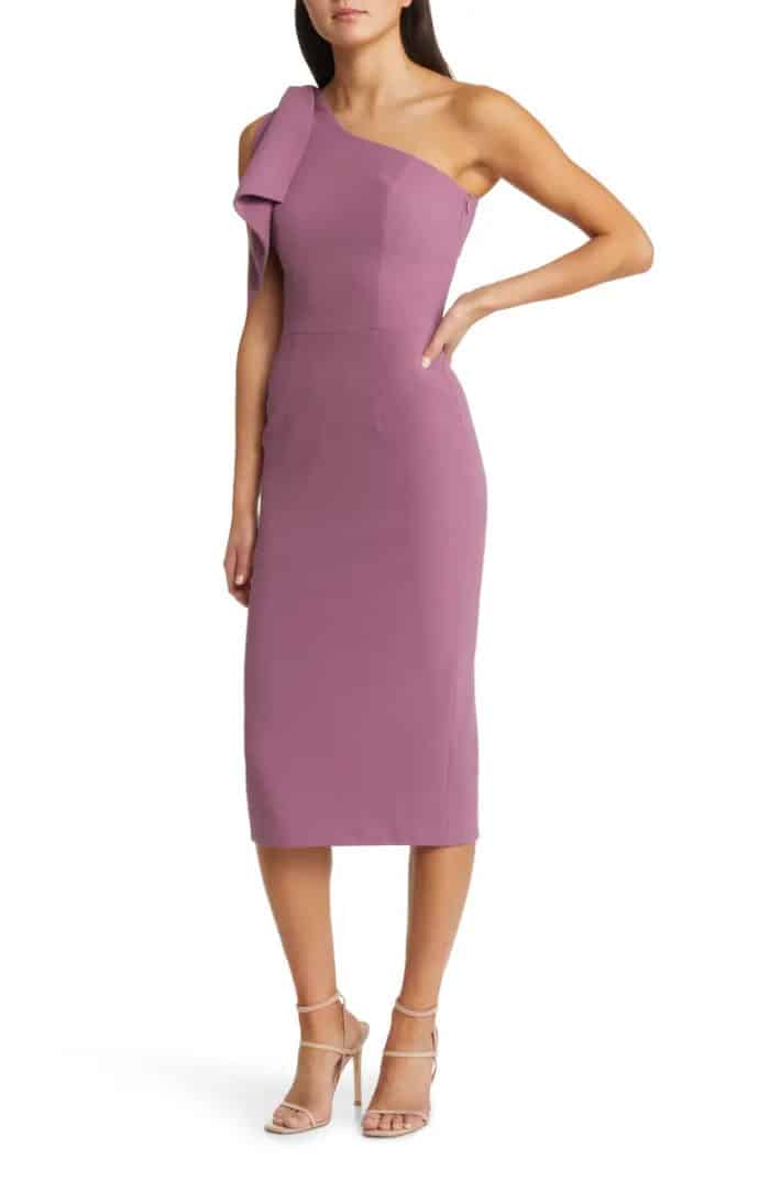 Mauve purple cocktail dress shown on a model