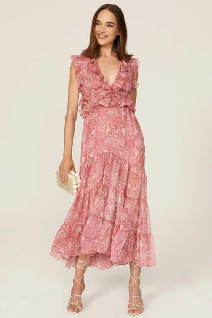 Pink floral short sleeve dress with v neck and mid calf length shown on model