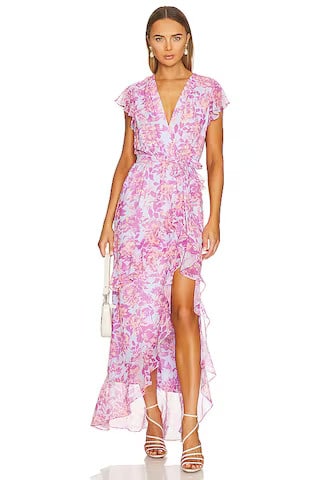 pink floral gown shown on a model