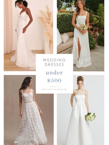 image of 4 wedding dresses on models depicting wedding dresses under $500