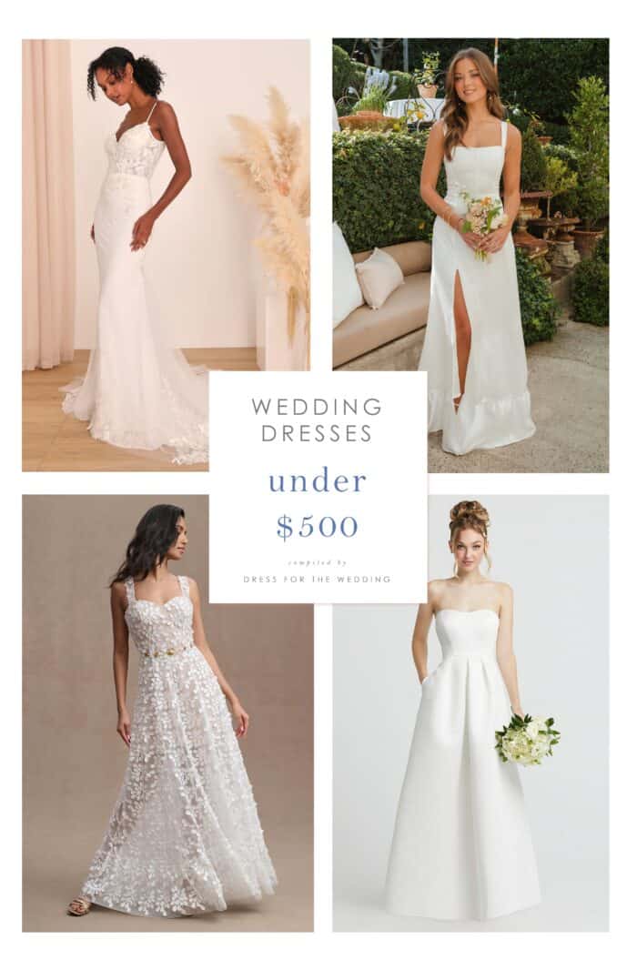 4 wedding dresses shown on models representing wedding dresses under 500