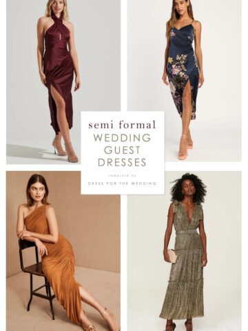 image for an article about the best semi formal dresses to wear to weddings. Shows a 2 over 2 pictures of 4 dresses on models.