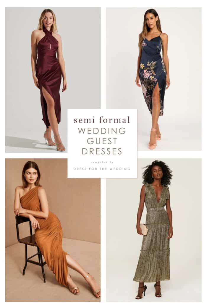 image for an article about the best semi formal dresses to wear to weddings. Shows a 2 over 2 pictures of 4 dresses on models.