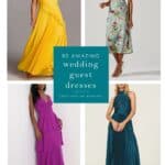 Image of 4 dresses on models representing an article on the 80 best wedding guest dresses organized by dress code, color, season, style and price