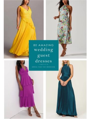 Image of 4 dresses on models representing an article on the 80 best wedding guest dresses organized by dress code, color, season, style and price
