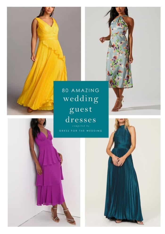 Image of 4 dresses on models representing an article on the 80 best wedding guest dresses organized by dress code, color, season, style and price