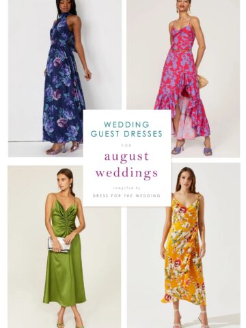 4 pretty dresses on models illustrating dresses to wear to an August wedding for an article.
