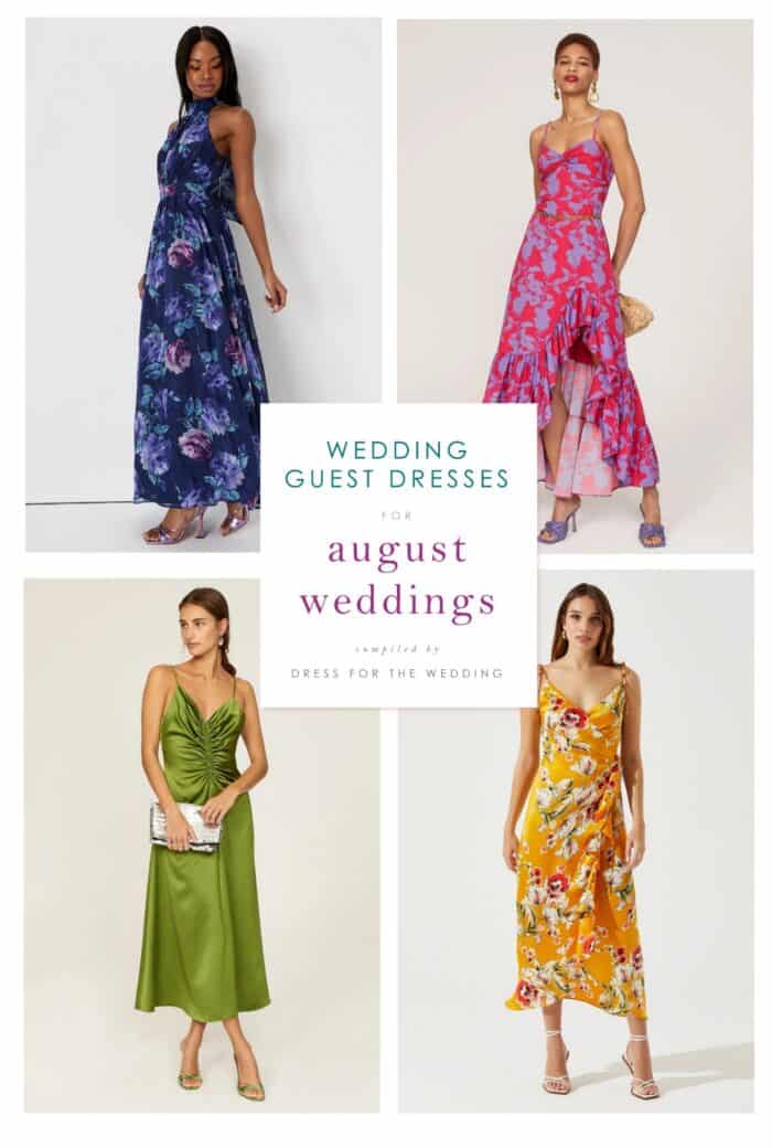 4 pretty dresses on models illustrating dresses to wear to an August wedding for an article.