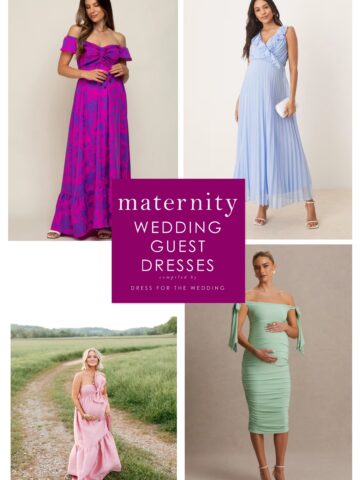 Cover with text for article on maternity dresses for wedding guests, showing 4 dresses on models with text