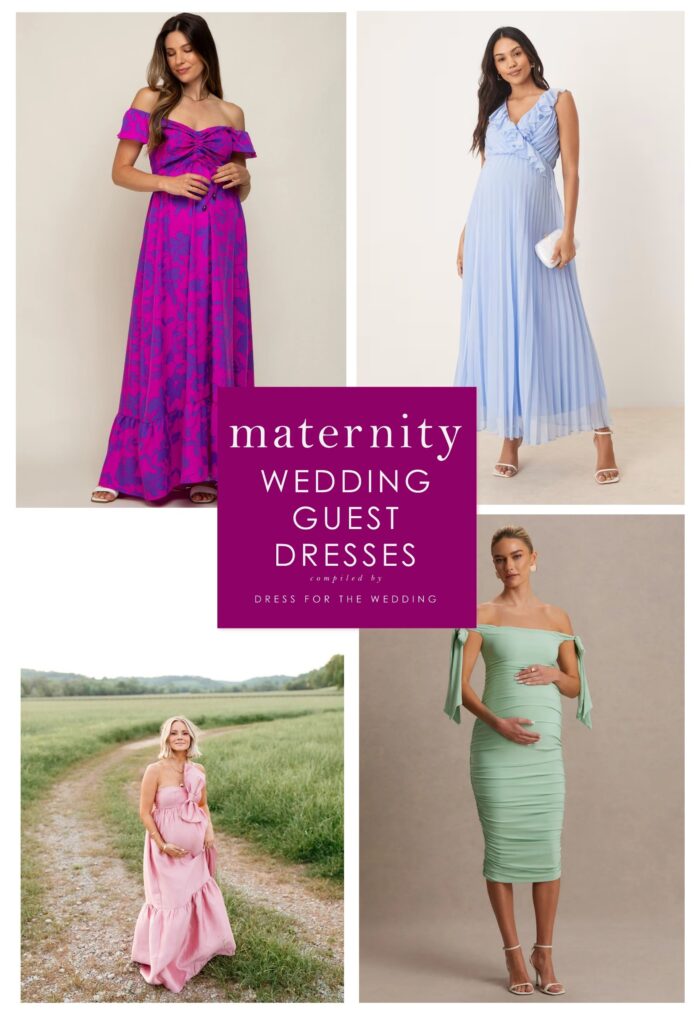 Cover with text for article on maternity dresses for wedding guests, showing 4 dresses on models with text