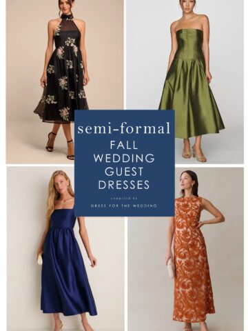 Collage featuring four dresses: black, green, and mid-length with text that says semi formal wedding guest dresses for fall