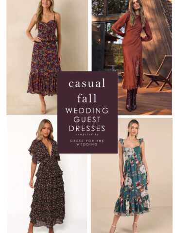 Collage and cover image for article on ideas for what to wear to casual fall weddings. Collage with 4 dresses.