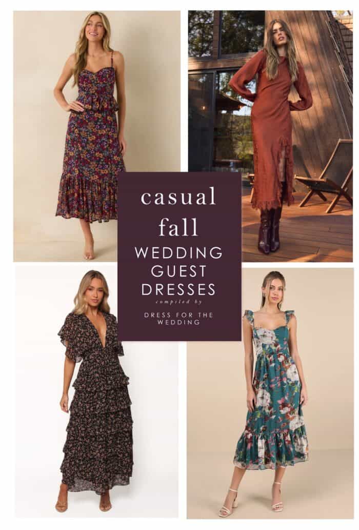 Collage and cover image for article on ideas for what to wear to casual fall weddings. Collage with 4 dresses.
