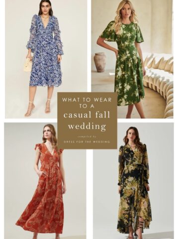 Image of 4 blocks of products of models wearing casual dresses for an article on what to wear to a casual wedding