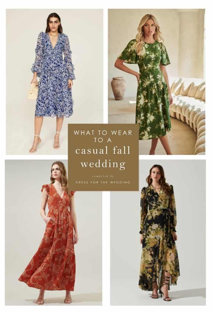 Image of 4 blocks of products of models wearing casual dresses for an article on what to wear to a casual wedding