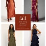 Graphic with 4 pictures of models wearing wedding guest dresses for fall wedding