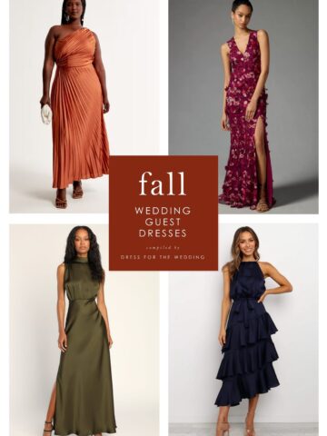 Graphic with 4 pictures of models wearing wedding guest dresses for fall wedding