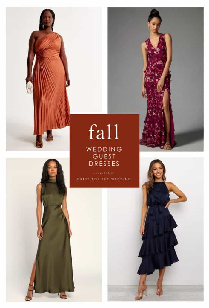 Graphic with 4 pictures of models wearing wedding guest dresses for fall wedding