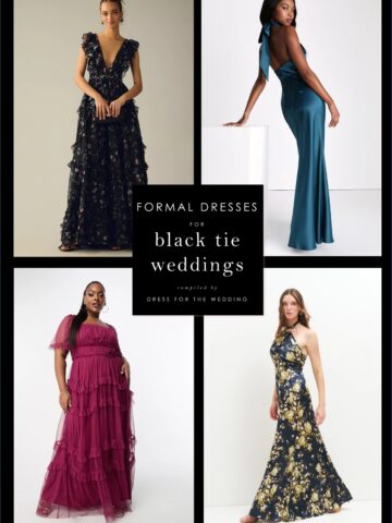 cover image for article featuring 4 dresses on models that illustrate gowns to wear to a black tie wedding