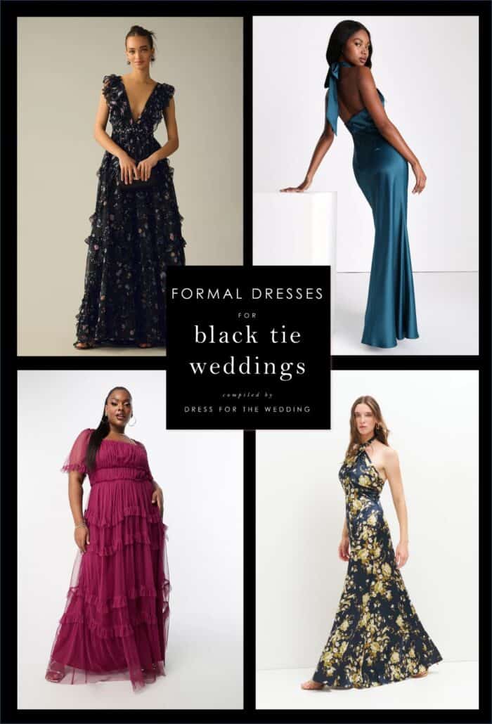 cover image for article featuring 4 dresses on models that illustrate gowns to wear to a black tie wedding