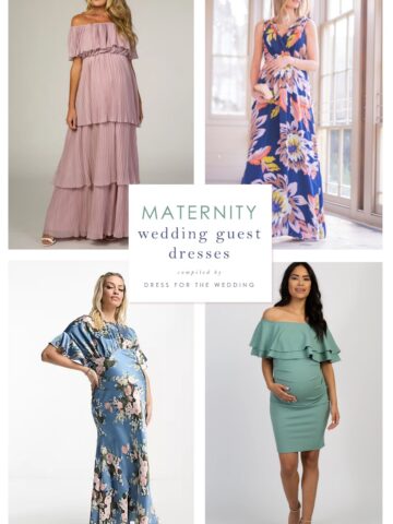 Cover for an article on maternity wedding guest dresses. Shows 4 models wearing maternity dresses