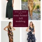 4 product images of semi formal style dresses in fall colors shown on models for an article illustrating what to wear to a semi formal fall wedding