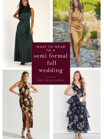 4 product images of semi formal style dresses in fall colors shown on models for an article illustrating what to wear to a semi formal fall wedding