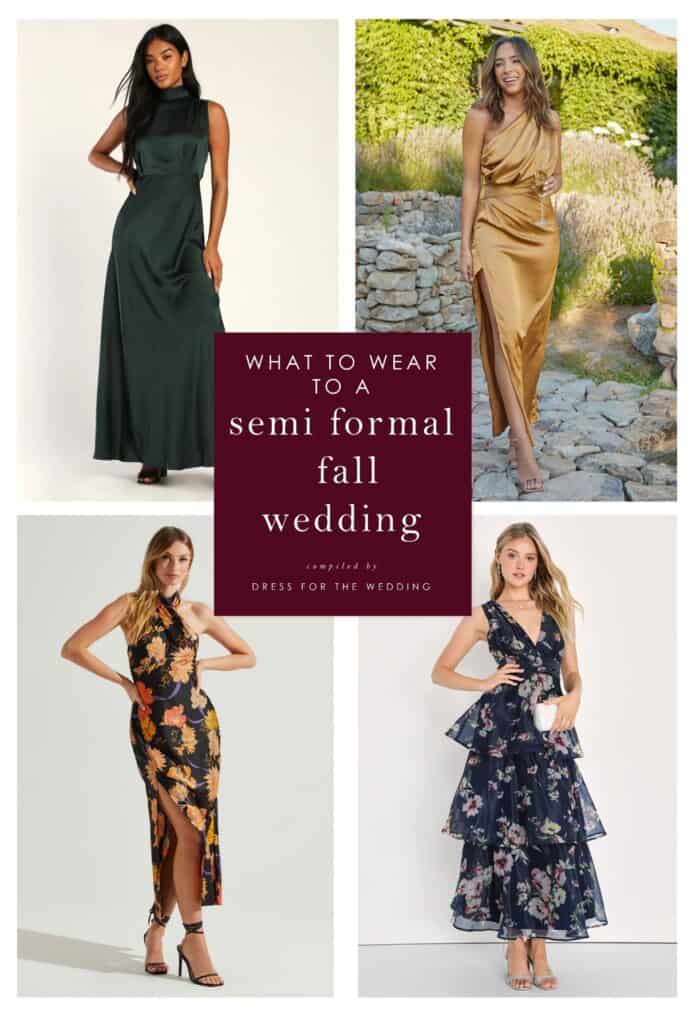 4 product images of semi formal style dresses in fall colors shown on models for an article illustrating what to wear to a semi formal fall wedding