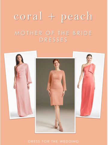 Cover image for an article with text that reads coral MOB dresses and pictures of 3 coral peach and orange dresses on models