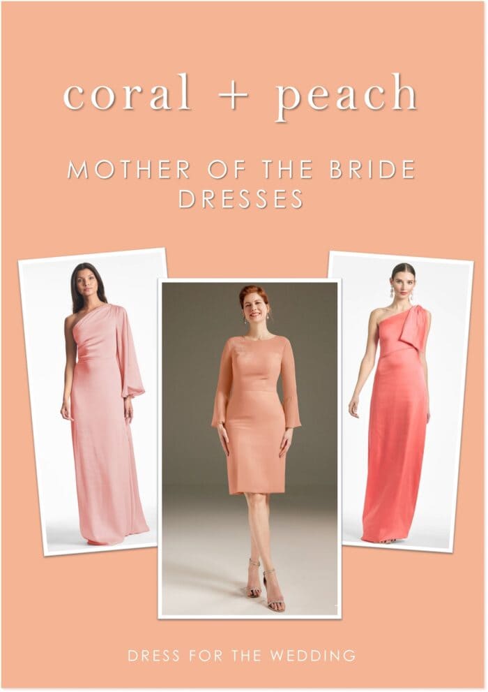 Cover image for an article with text that reads coral MOB dresses and pictures of 3 coral peach and orange dresses on models