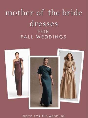 cover image for article on fall mother of the bride dresses featuring models wearing 3 dresses in green, gold and burgundy