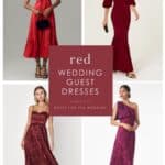 Cover article about red dresses to wear to a wedding as a guest showing 4 dresses on models