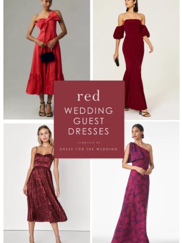 Cover article about red dresses to wear to a wedding as a guest showing 4 dresses on models