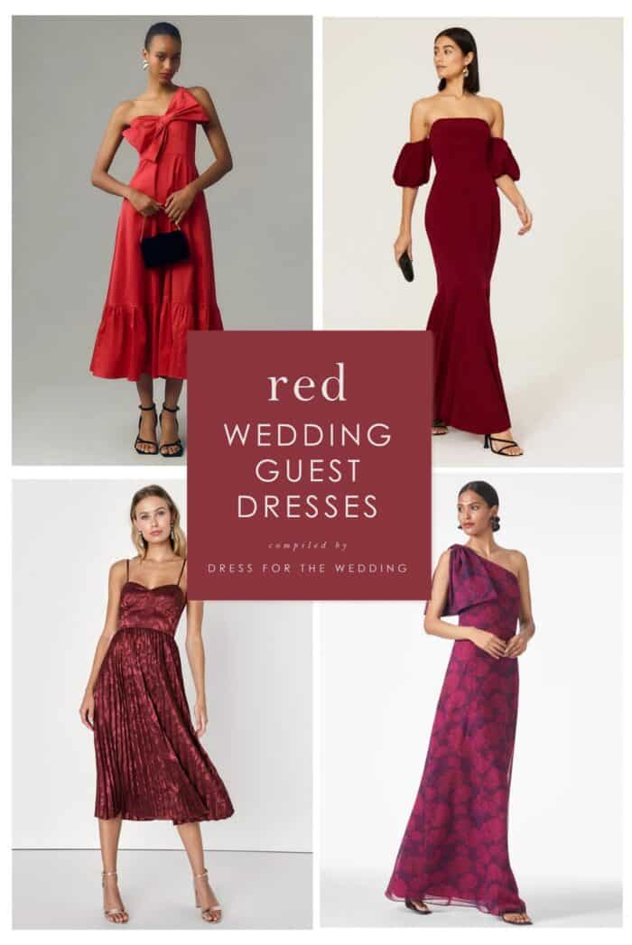 Cover article about red dresses to wear to a wedding as a guest showing 4 dresses on models