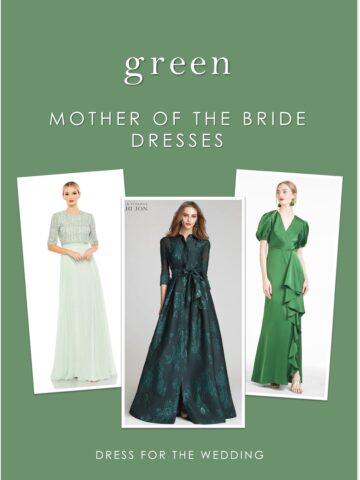 Cover image showing 3 photos of green dresses on models for an article about mother of the bride dresses in dark and light green colors.