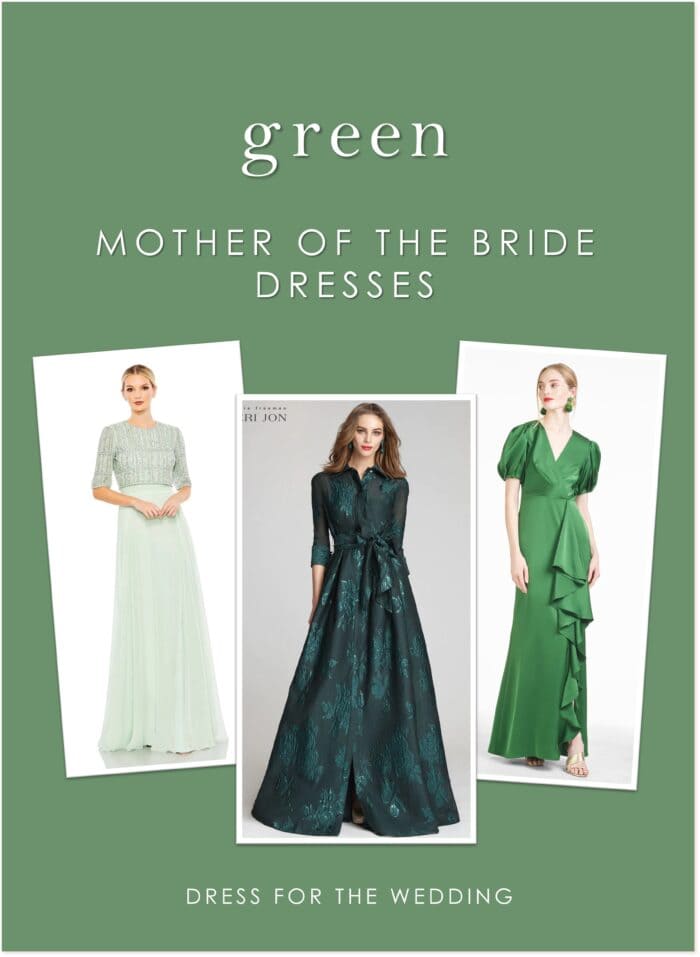 Cover image showing 3 photos of green dresses on models for an article about mother of the bride dresses in dark and light green colors.