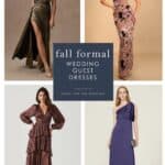 Cover image for article on fall formal dresses for black tie weddings showing 4 dresses on models