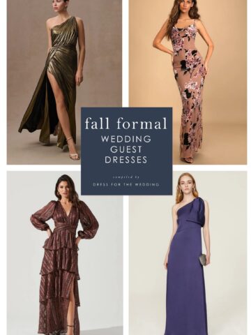 Cover image for article on fall formal dresses for black tie weddings showing 4 dresses on models