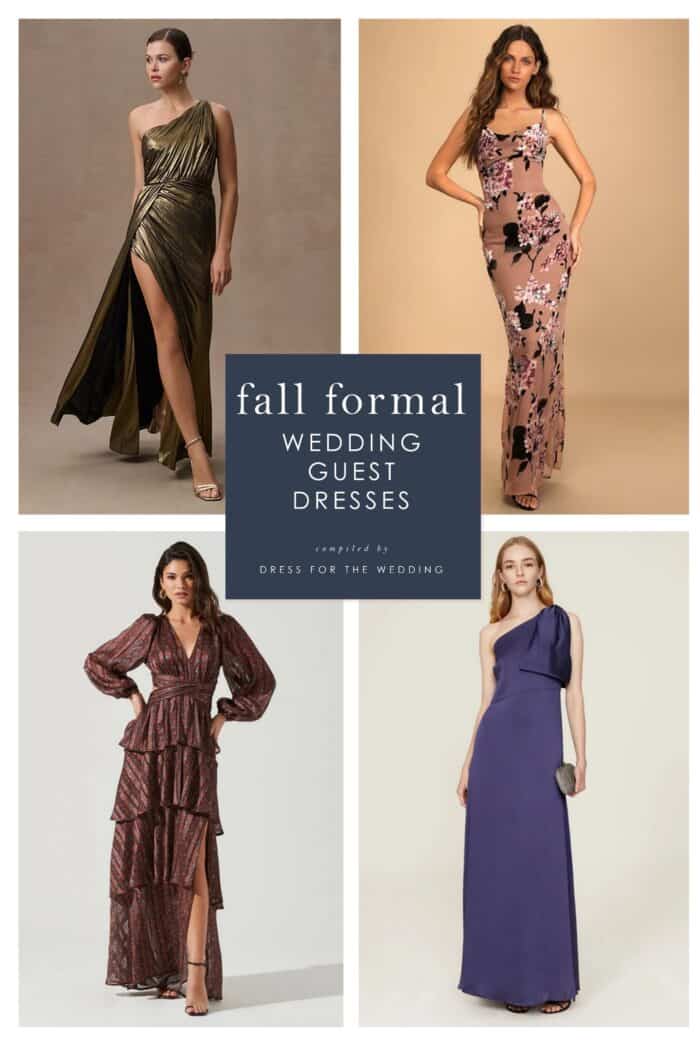 Cover image for article on fall formal dresses for black tie weddings showing 4 dresses on models