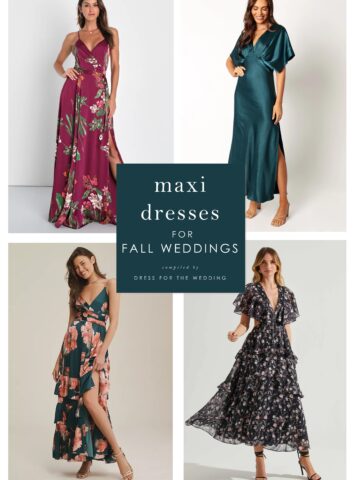 4 squares of images 2 over 2 showing models wearing maxi dresses for an article about fall maxi dresses to wear to weddings