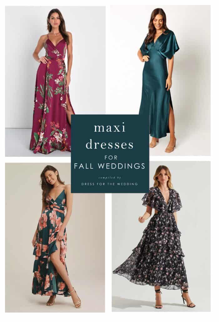 4 squares of images 2 over 2 showing models wearing maxi dresses for an article about fall maxi dresses to wear to weddings