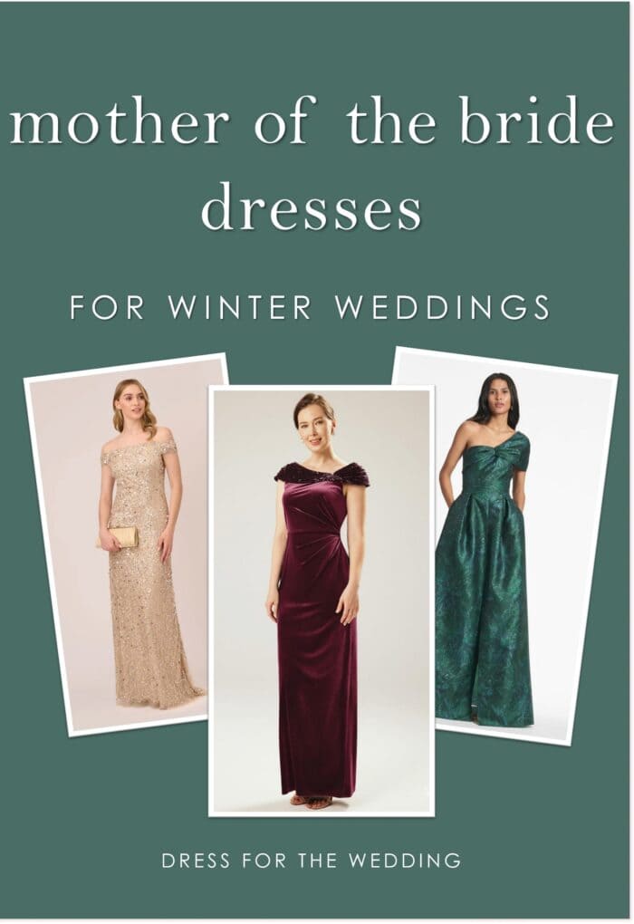 Cover image with green background showing 3 models wearing MOB gowns for winter weddings