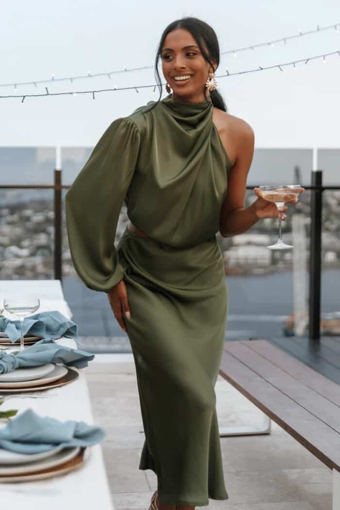 Product image of a olive green wedding guest dress