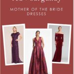 Graphic with type and 3 pictures of models wearing red dresses for an article about red mother of the bride dresses.
