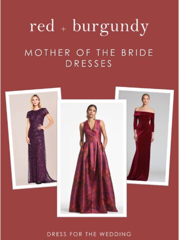 Graphic with type and 3 pictures of models wearing red dresses for an article about red mother of the bride dresses.