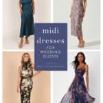 Cover image for article on midi dresses to wear to weddings as a guest showing 4 dresses on models