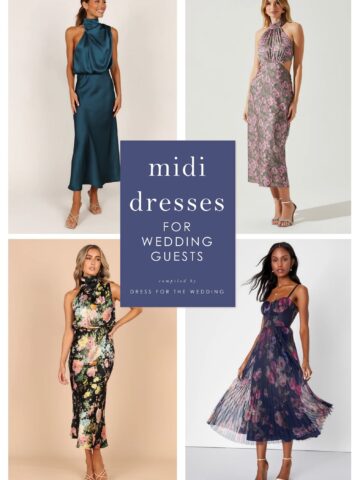 Cover image for article on midi dresses to wear to weddings as a guest showing 4 dresses on models