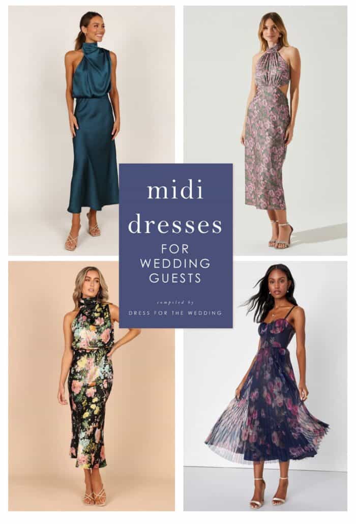 Cover image for article on midi dresses to wear to weddings as a guest showing 4 dresses on models