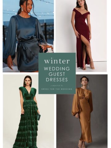 4 dresses shown on models for a collage cover for an article about the best winter wedding guest dresses