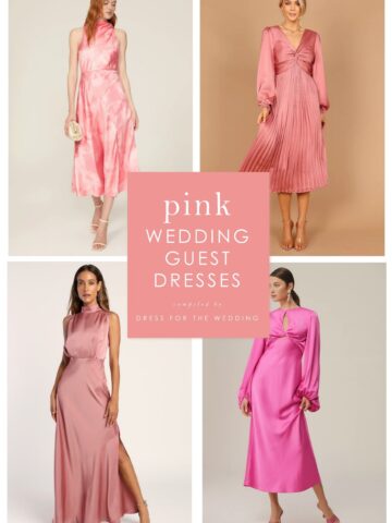 Cover image for article about pink dresses for wedding guests. 4 dresses shown on models.